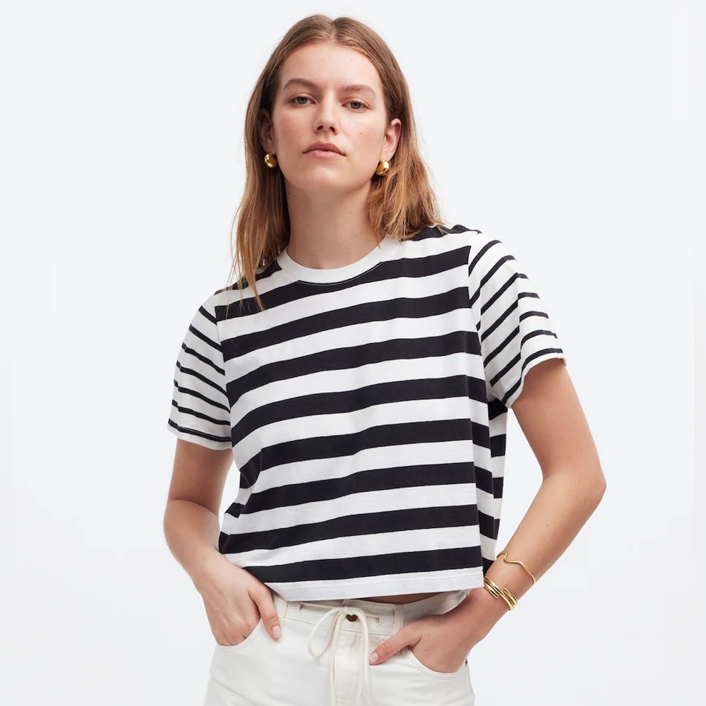 NWT Madewell Softfade Cotton Boxy Crop Tee in Black Stripe Size XS $32 NR356